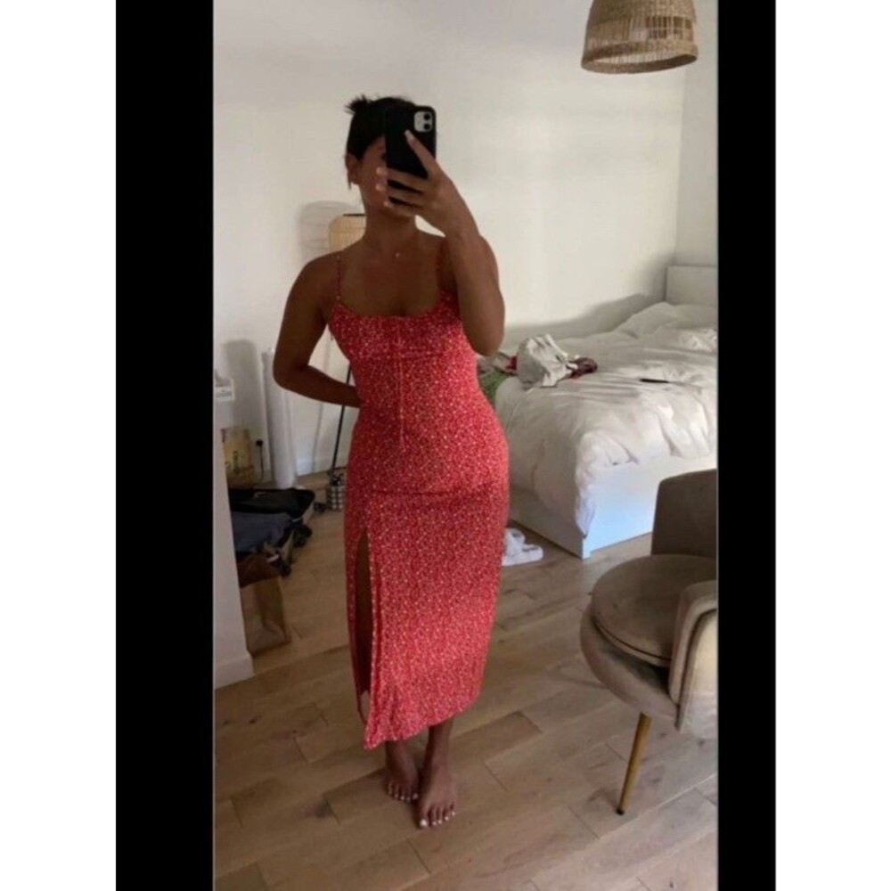 Zara XXL Dress Red Floral Midi Ditsy Side Slit Red Sleeveless Peasant Cottage - Picture 2 of 11